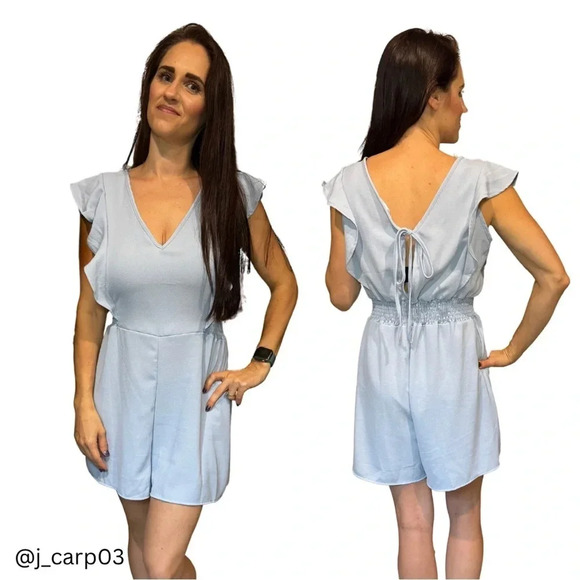 Powder Blue Ruffle Sleeve Romper | Summer Boho Chic V-Neck Outfit - Picture 5 of 5